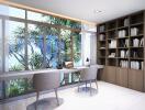 Modern home office with a large window and built-in shelves