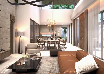 Modern spacious living room with high ceiling and open dining area