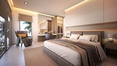 Modern bedroom with contemporary decor and natural light