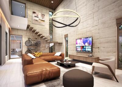 Modern living room with a large sectional sofa, wall-mounted TV, and contemporary lighting