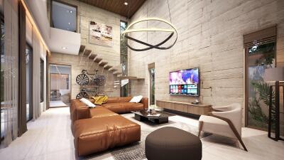 Modern living room with a large sectional sofa, wall-mounted TV, and contemporary lighting