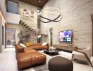 Modern living room with a large sectional sofa, wall-mounted TV, and contemporary lighting