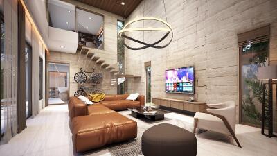 Contemporary living room with modern decor and high ceiling