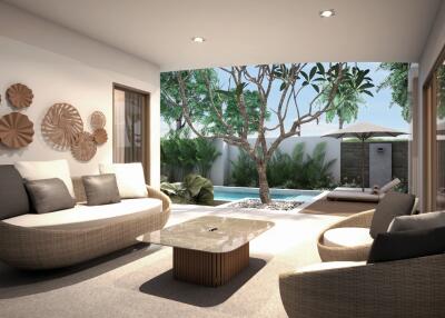 Outdoor living area with seating and pool view