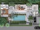 Aerial view of a residential property with a pool and outdoor living spaces