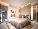 Modern bedroom with a large bed, natural light, and built-in wardrobes