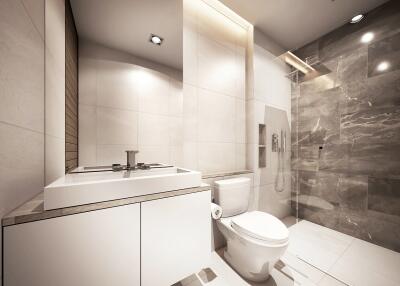 Modern bathroom with rainfall shower and rectangular sink