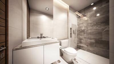 Modern bathroom with rainfall shower and rectangular sink