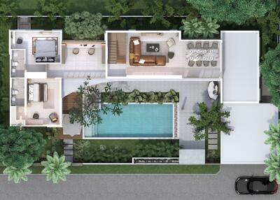 Aerial view of a residential property with a swimming pool and outdoor seating area