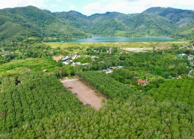 Aerial view of a green landscape with a lake and mountains in the background