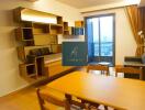 Modern living room with wooden dining table and wall-mounted shelving