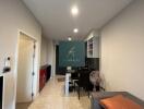 Modern kitchen and dining area with hallway view