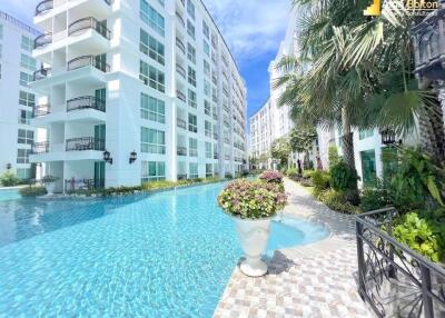 Outdoor view of modern apartment buildings with pool