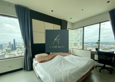 Bedroom with large windows and city view