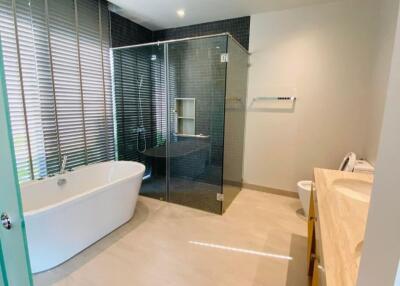 Modern bathroom with a bathtub, glass shower, and double sink vanity