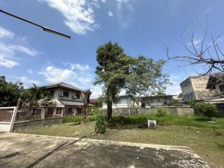 Spacious yard with trees and surrounding houses