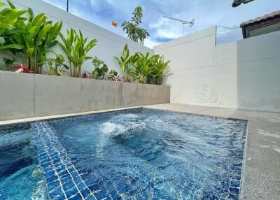 Beautiful backyard pool area with plants