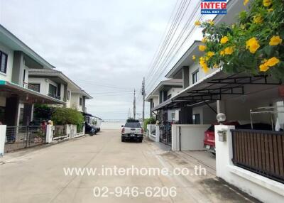 street view of residential area with houses and yellow flowers