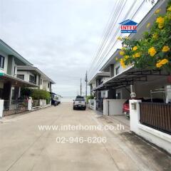 street view of residential area with houses and yellow flowers