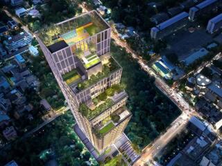 Aerial view of a modern high-rise building with multiple rooftop gardens and surrounding cityscape