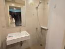 A modern bathroom with a wall-mounted sink and a walk-in shower.