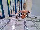 Dining area with wooden table and stools