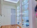 Spacious walk-in closet with illuminated display shelves