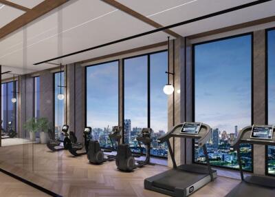 Modern fitness center with a city view