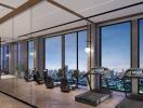 Modern fitness center with a city view