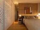 Modern and cozy bedroom with wooden accents and ambient lighting