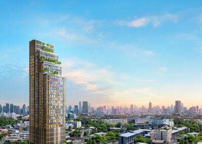 High-rise building with a city skyline in the background