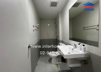 Interior view of a modern bathroom with a sink, toilet, shower area, and wall mirror