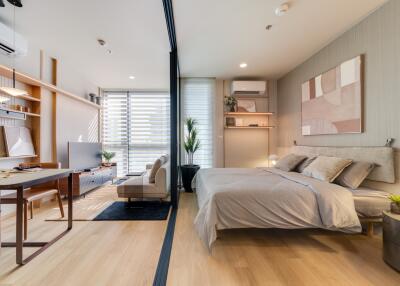 Modern bedroom and living room in an apartment