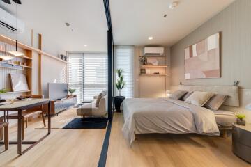 Modern bedroom and living room in an apartment