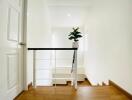 Clean and bright stairwell with wooden flooring and a potted plant