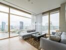 Modern living room with large windows offering city views