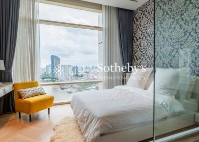 Modern bedroom with large window and city view