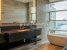 Modern bathroom with city and river view