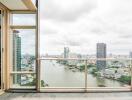 Balcony with river and city skyline view