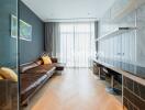 Modern living room with leather sofa and wall-mounted desk