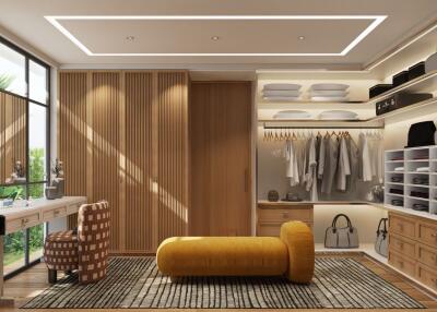 Modern bedroom with organized closet