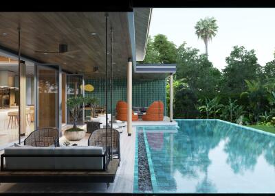 Modern patio area with seating overlooking a swimming pool surrounded by greenery