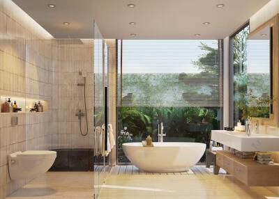 Modern bathroom with bathtub and large windows