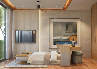 Modern bedroom with large windows and contemporary decor