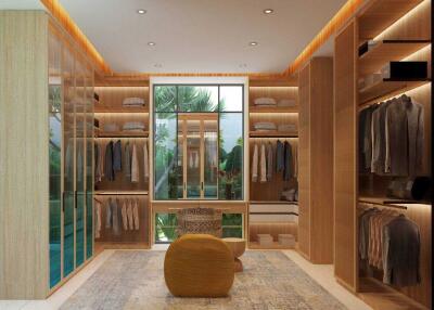 Luxurious walk-in closet with ample storage space and a seating area