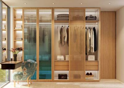 Modern bedroom closet with organized shelves and drawers