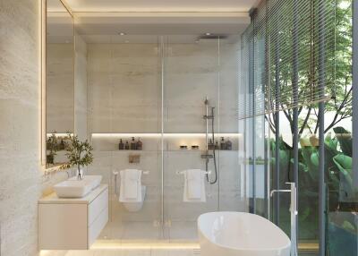 Luxurious modern bathroom with bathtub and walk-in shower