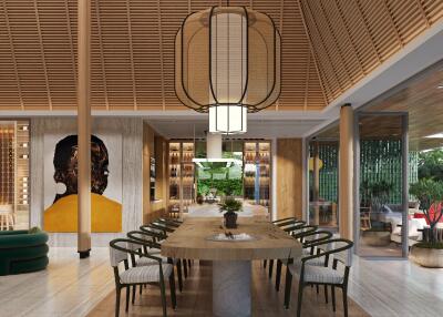 Modern dining room with large table and pendant lights