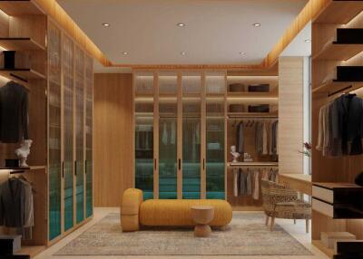 Spacious and well-lit walk-in closet with wooden finishes