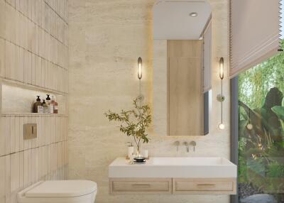 Modern bathroom with floating toilet and sink, indoor plant, and large window